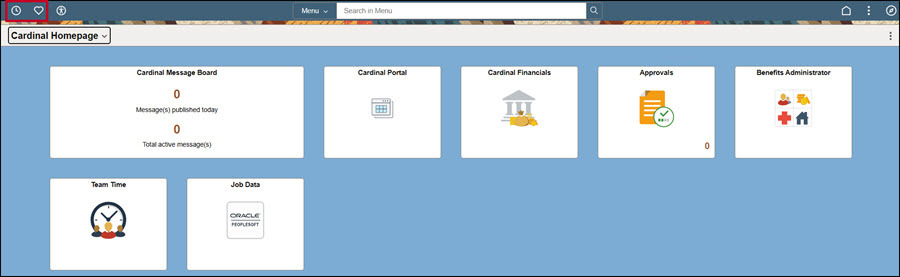 Cardinal HCM Homepage screenshot. Favorites and Recently View icons highlighted on top left.