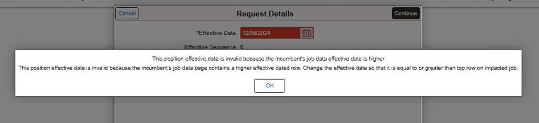 Computer screenshot of invalid effective date error