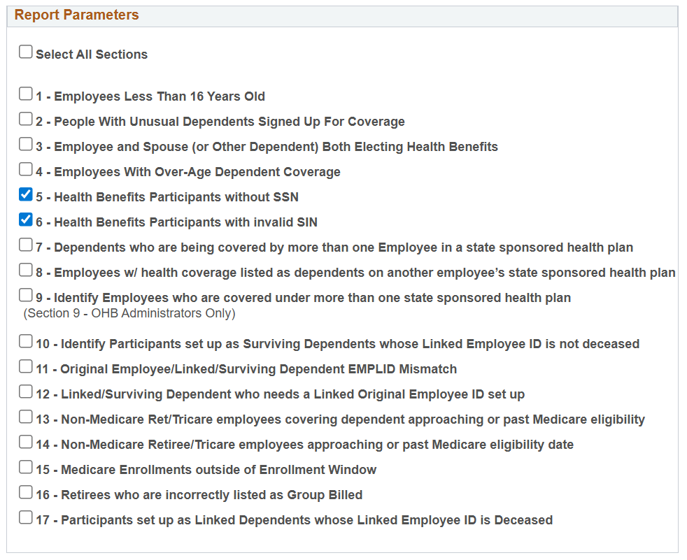 Screenshot of an audit report. "5-Health Benefits Participants without SSN" and "6-Health Benefits Participants with Invalid SSN" are checked.
