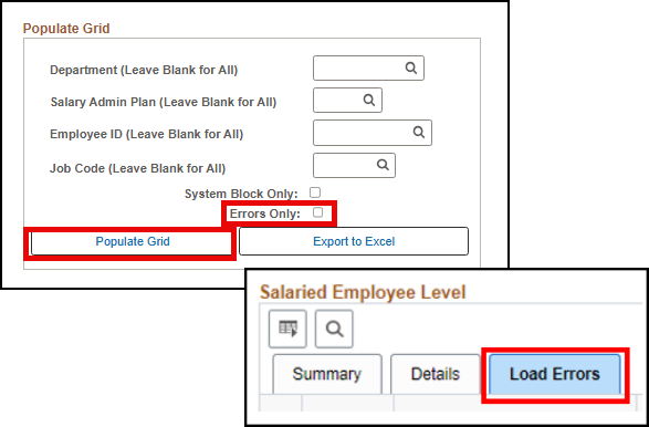 Screenshot of Legislative Salary Inc Review page with Errors Only checkbox and Populate Grid button highlighted with red box