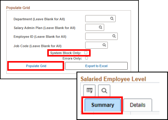Screenshot of Legislative Salary Inc Review page with System Block Only check box and Populate Grid button highlighted with red box