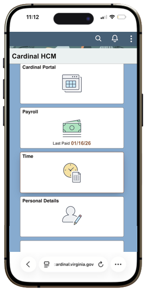 Mobile phone with Cardinal Employee Self-Service Tiles on screen including Payroll and Time Tiles.