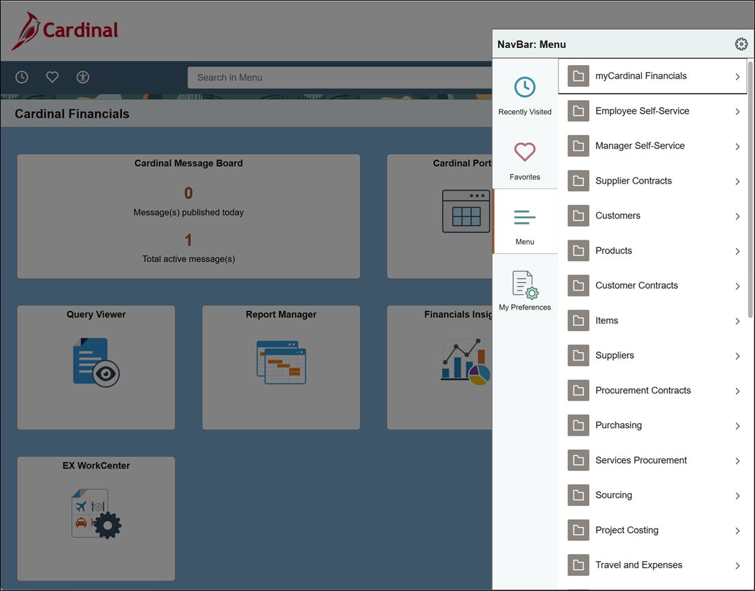 Screenshot of Cardinal Financials NavBar:Menu