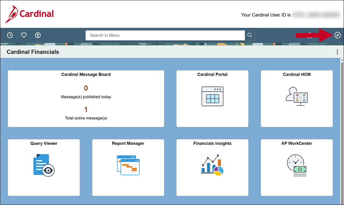 Screenshot of Cardinal FIN homepage with a red arrow in the top right pointing to the compass icon.