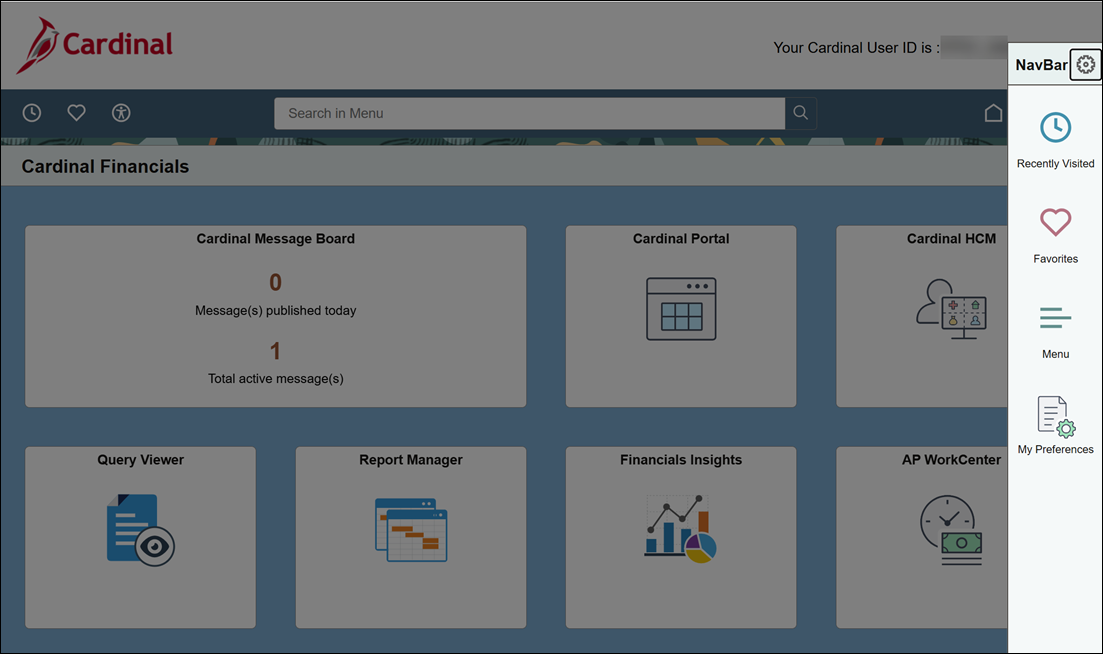 Screenshot of Cardinal Financials with NavBar panel open on the right side.