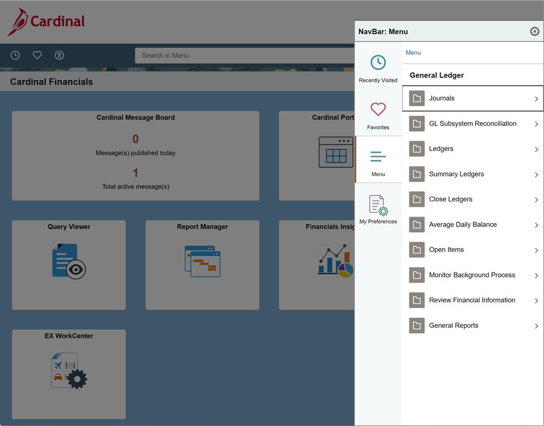 Screenshot of Cardinal Financials NavBar:Menu > General Ledger Folder with subfolders