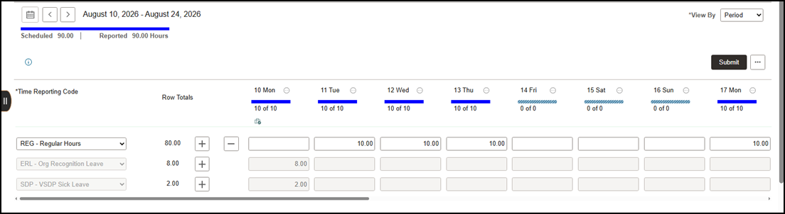 screenshot of Cardinal timesheet toggled to view by period.