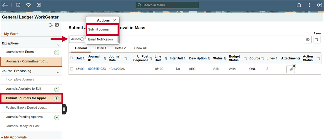 Screenshot of General Ledger WorkCenter with Submit Journals for Approval highlighted.