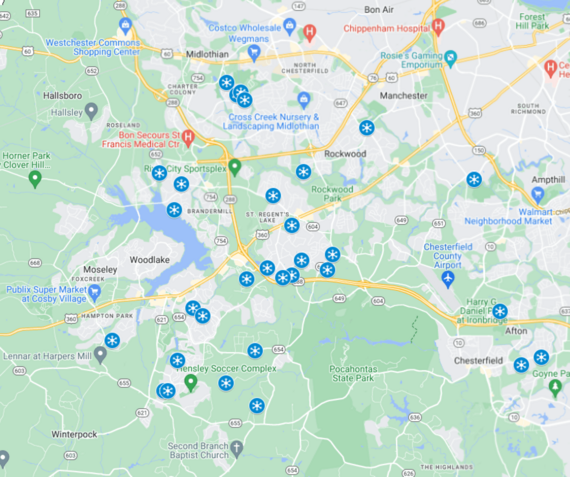 A graphic displaying Chesterfield's holiday light display map