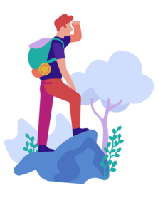 Cartoon man with backpack standing on a rock looking out the the right.