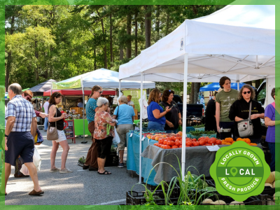 Farmers Market image with shop local icon in right bottom corner.
