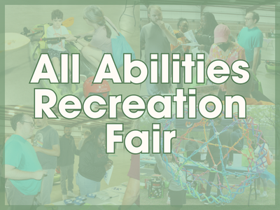 All Abilities Recreation Fair Text with four images from the vendor focused event and a opaque teal background.
