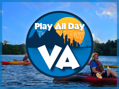 Play All Day - Kayaking photo with PLay all day logo on top