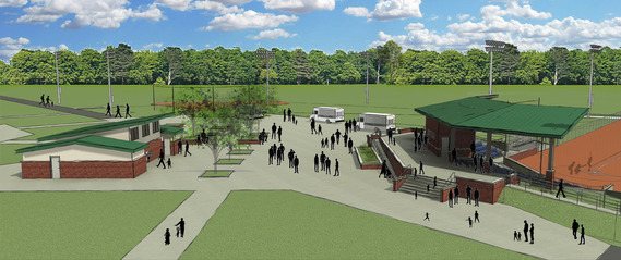 An artist's rendering of the Stadium Field and adjacent pedestrian plaza at The Diamonds at Ironbridge