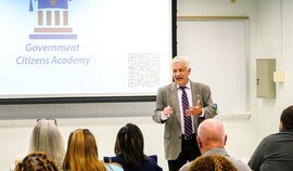 Dr. Joe Casey, Chesterfield County administrator, speaks with participants in the county's Government Citizens Academy