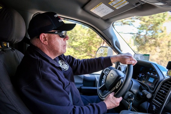 Lt. Tom Perry, one of three tactical safety officers with Chesterfield Fire and EMS, behind the wheel of his work truck