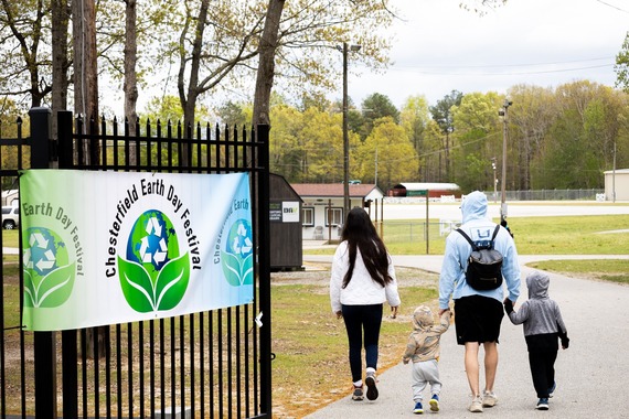 A family arrives at the Chesterfield County Fairgrounds for the 2025 Earth Day Festival