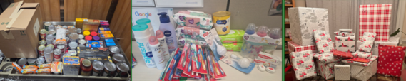 Pictures of donated food, toiletries, and gifts for holiday