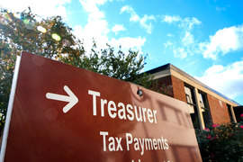 A sign directing visitors to the county government complex to the Treasurer's office