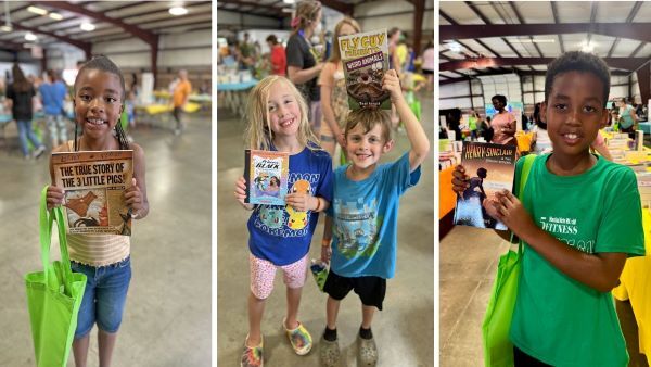 Images of children who received books during the 2025 El Librotazo event