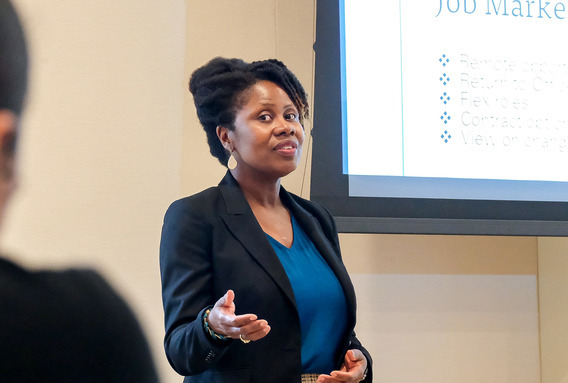 woman teaches class on job market