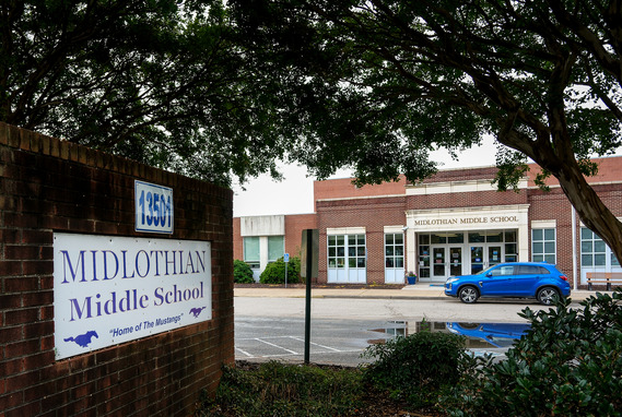 An exterior image of the front of Midlothian Middle School