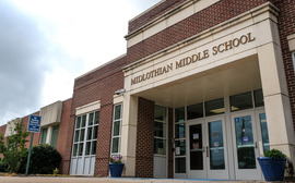 An exterior image of the front of Midlothian Middle School