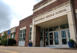 An exterior image of the front of Midlothian Middle School