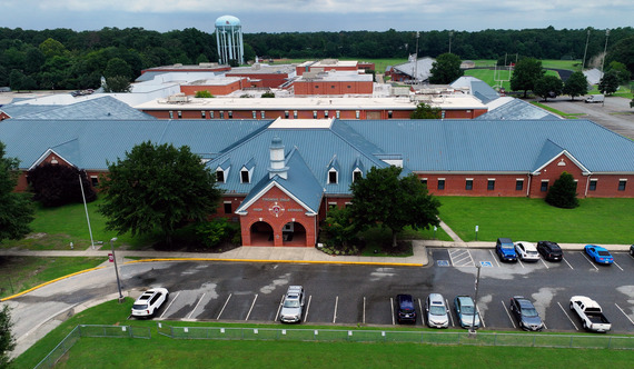 An aerial image of the exterior of Thomas Dale High School's main campus