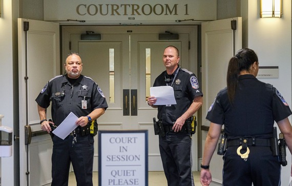 Chesterfield sheriff's deputies provide security outside a courtroom