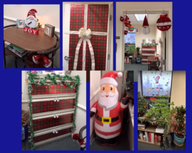 Christmas decorations on office door, table, filing cabinets and an inflatable snowman