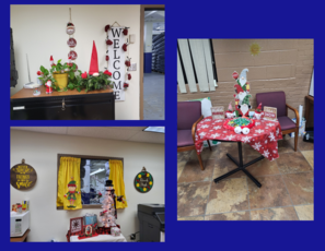 Christmas decorations on tabletop, hanging from walls and a snowman Christmas tree