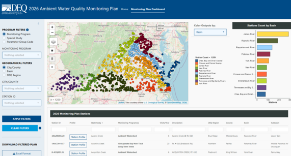 A screenshot of the 2026 Water Quality Monitoring Plan interactive dashboard