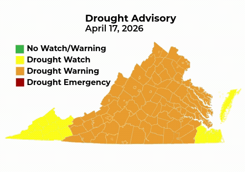 Drought gif showing the counties in Virginia under warning and watch as of May 14, 2026