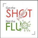 Flu shot graphic with virus in red and green