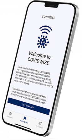 Image of smartphone with COVIDWISE app displayed.