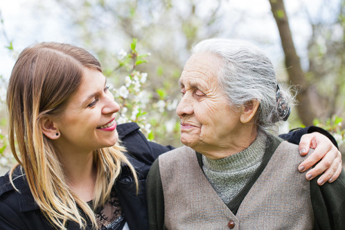 Happy Elderly Woman With Carer Outdoor