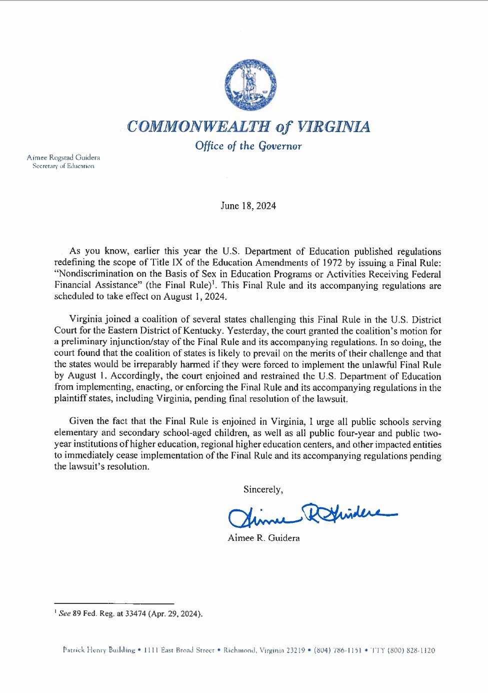 Secretary Guidera's letter, linked above for the full PDF