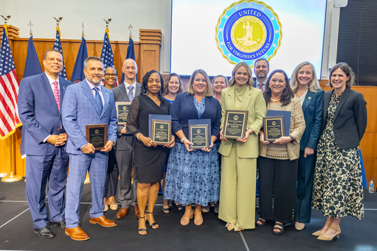 The eight 2027 Regional Teacher of the Year winners with Governor Spanberger, Secretary of Education Dr. Smith, and Superintendent Conway.