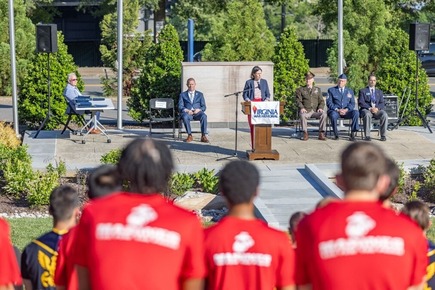 Superintendent Jenna Conway speaking at Military Signing Day event.