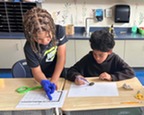 Two students dissecting owl pellets
