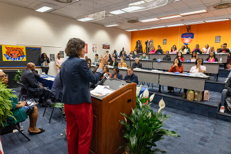 Superintendent Conway speaking to students at Armstrong High School