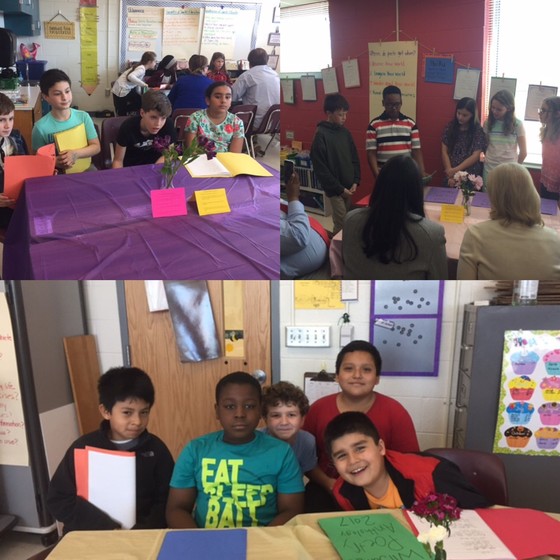 Fifth graders recite poetry in the 5th grade poetry cafe. 