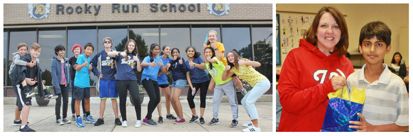 Students in front of building and summer reading bingo winner.