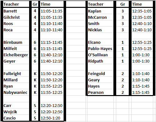 thanksgiving lunch schedule