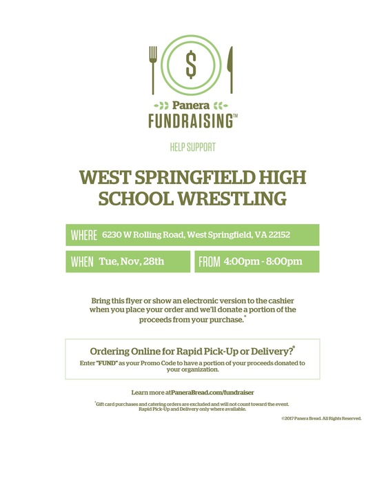 WSHS Wrestling Fundraiser Tues Nov 28, 4-8pm. at Panera