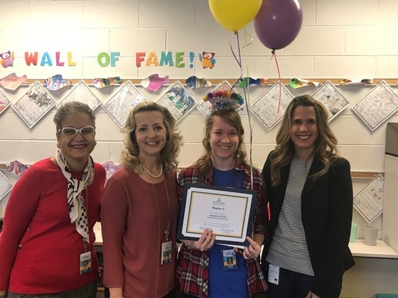 Picture of Ms. Focke with Principal Holly DeVore, Region Assistant Superintendent Frances Ivey, and Region 5 Executive Principal Rebecca Baenig
