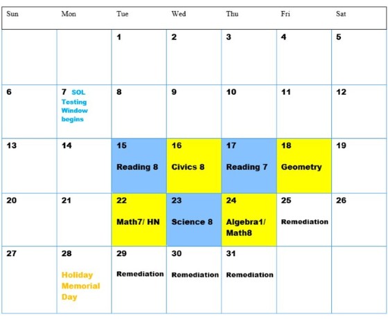 May SOL testing calendar