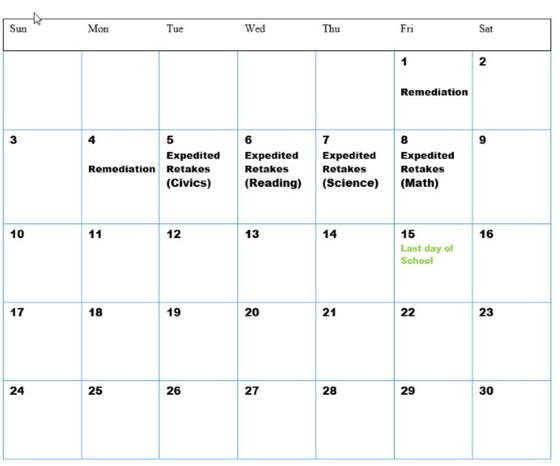 June SOL testing calendar