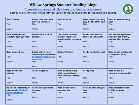 WSES Summer Bingo Board